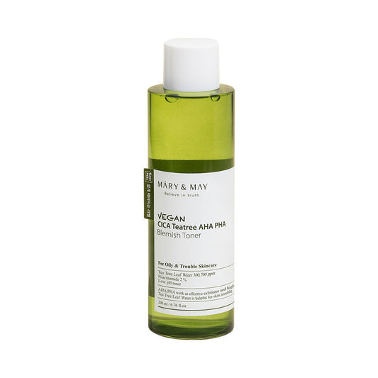 mary & may vegan cica tea tree aha pha blemish toner 200ml – gentle exfoliation and calming care in one step